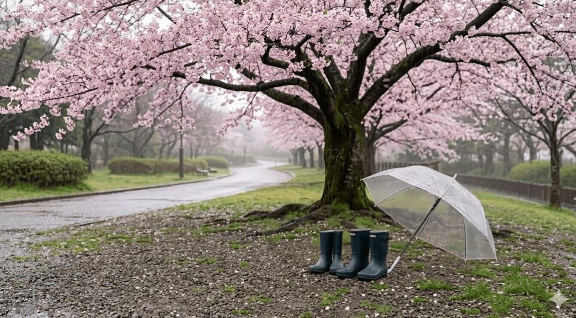 雨の中、大きな桜の木の下で透明ビニール傘を用意している様子。人混みを避けた静かなお花見のメリットを表現。