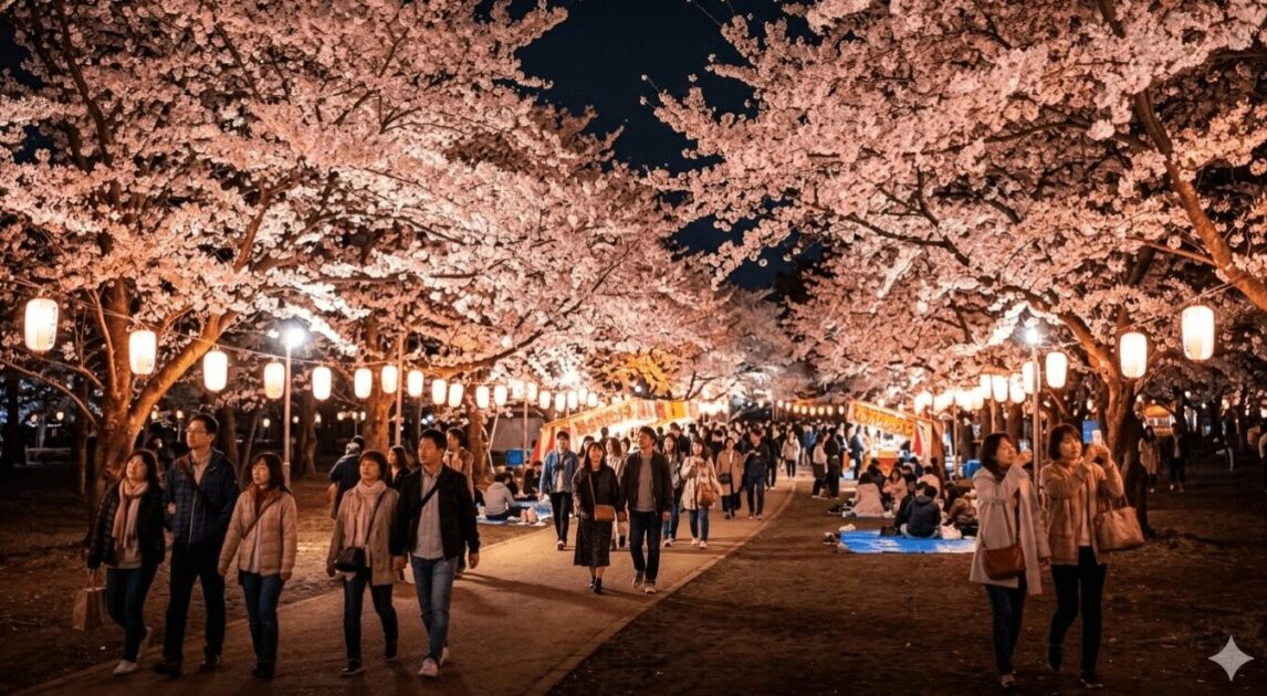 夜間、温かみのある提灯に照らされ、幻想的に浮かび上がる西公園の満開の夜桜と、その下を歩く人々