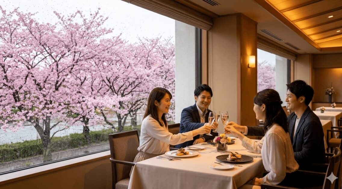雨に濡れる美しい桜の並木道を窓越しに眺めながら、温かく清潔な室内レストランで優雅に乾杯する笑顔の日本人グループ。雨の日のお花見代替プランとしての室内体験を表現。
