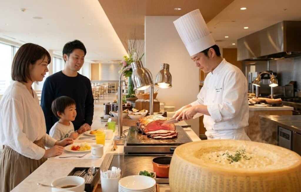 ウェスティンホテル横浜のライブキッチンで、日本人シェフが国産牛ローストビーフを切り分け、巨大なチーズの中でリゾットを仕上げる、活気ある調理風景。