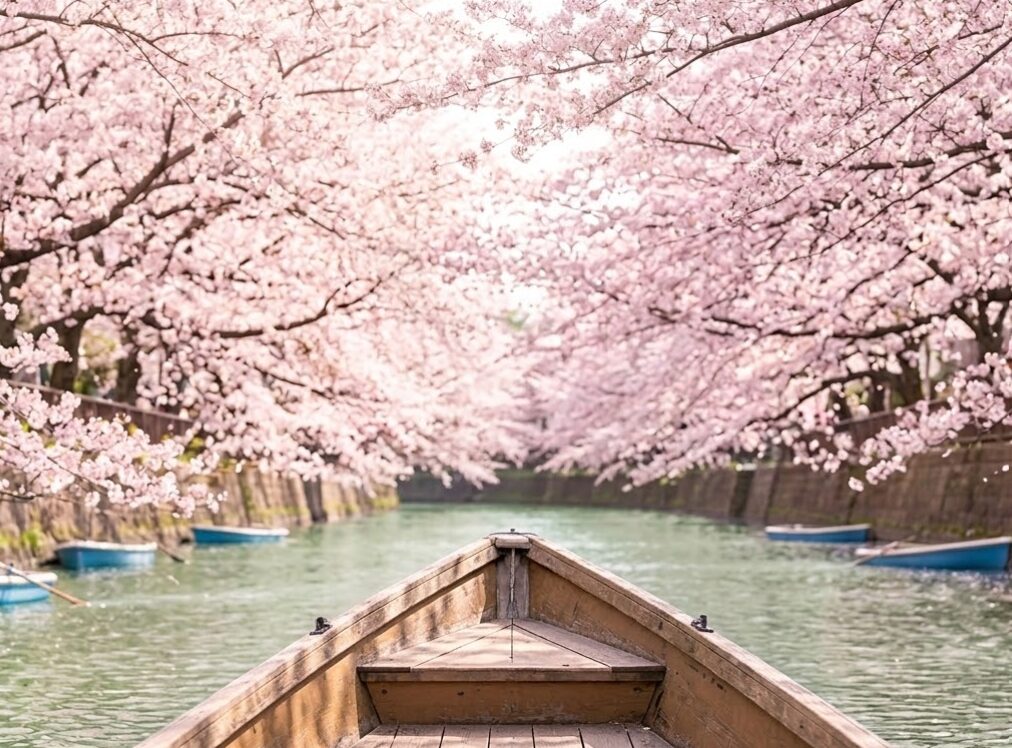 両岸からせり出した桜の枝が、川を覆い尽くすように咲いている「桜のトンネル。