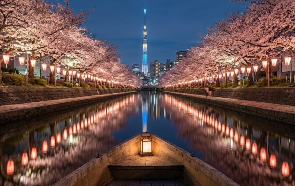  ライトアップされた夜桜と、その光を鏡のように反射する川面。