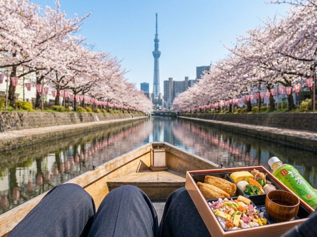  船の座席で、膝の上にコンパクトなお花見弁当や飲み物を置いている様子。