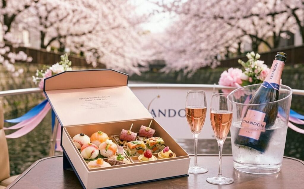 目黒川お花見シャンドンクルーズ2026のプラン内容。シャンドン ロゼと、特製スペシャルフィンガーフードボックスが並ぶ船内の様子。