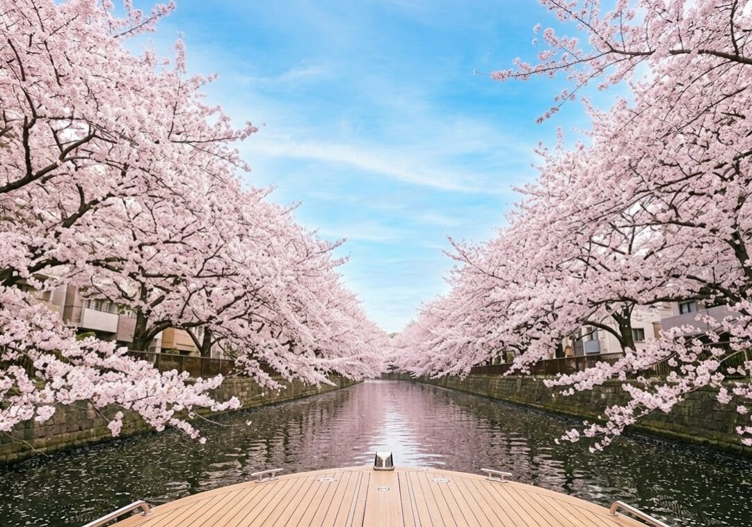 目黒川お花見クルーズの絶景。船上から見上げる、川の両岸からせり出した満開の桜のトンネルと青空。
