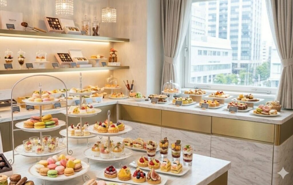 ウェスティンホテル横浜のファンシーな「スイーツ専用ルーム」に、マカロンやタルトなどの多彩なデザートが並んでいる