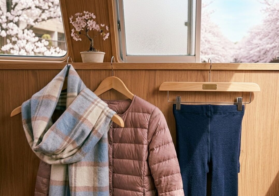 ストールや薄手のダウン、暖かいタイツがハンガーにかけられている様子