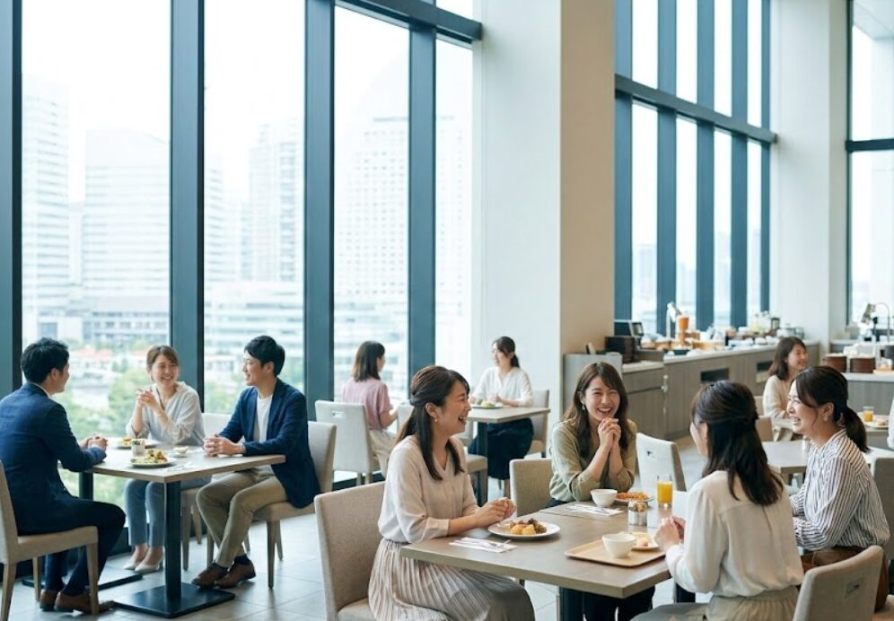 ウェスティンホテル横浜3階の「パシフィック・テーブル」で、大きな窓からの自然光を受け、スマートカジュアルな服装で歓談する日本人女性たちの様子。