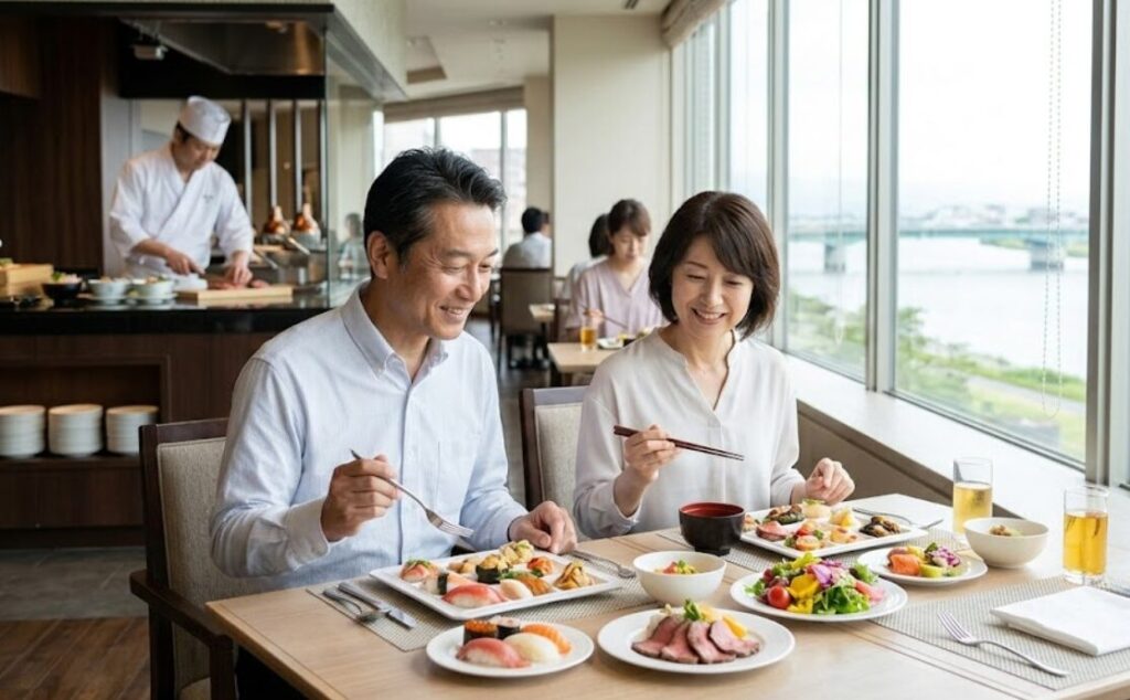 新潟のシティホテルでランチビュッフェを楽しむ日本人のご夫婦。窓の外には萬代橋と信濃川の景色が広がり、テーブルにはシェフ特製の料理が並んでいる。