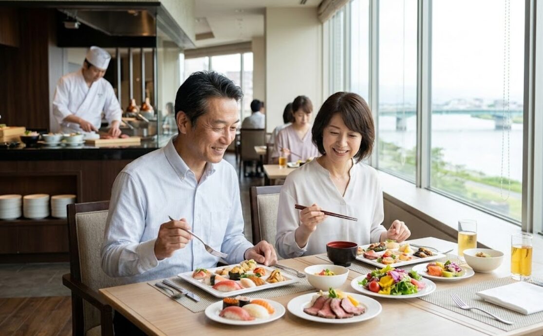 新潟のシティホテルでランチビュッフェを楽しむ日本人のご夫婦。窓の外には萬代橋と信濃川の景色が広がり、テーブルにはシェフ特製の料理が並んでいる。