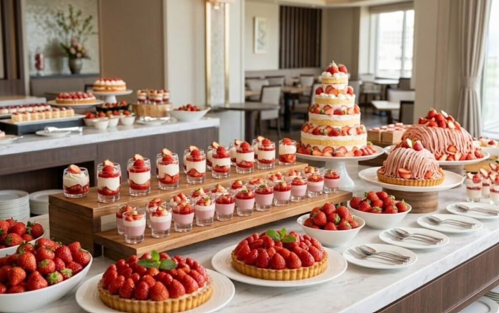 新潟のホテルで開催中のストロベリースイーツビュッフェ。いちごのショートケーキ、タルト、モンブランなどが並ぶ華やかなカウンター。