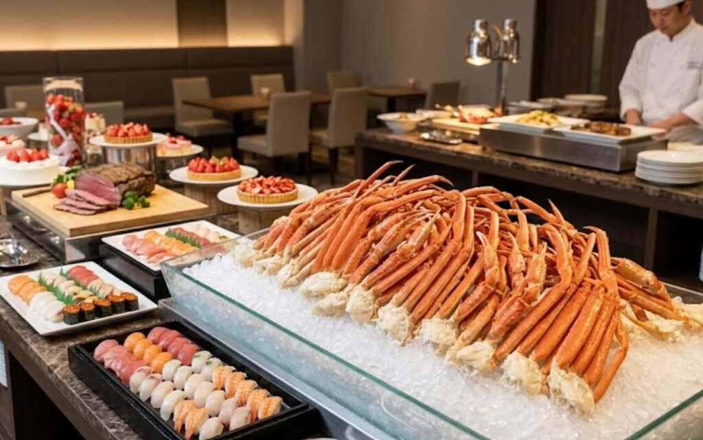 越後湯沢のリゾートホテルでのディナーバイキング。氷の上に並べられた新鮮なズワイガニ。