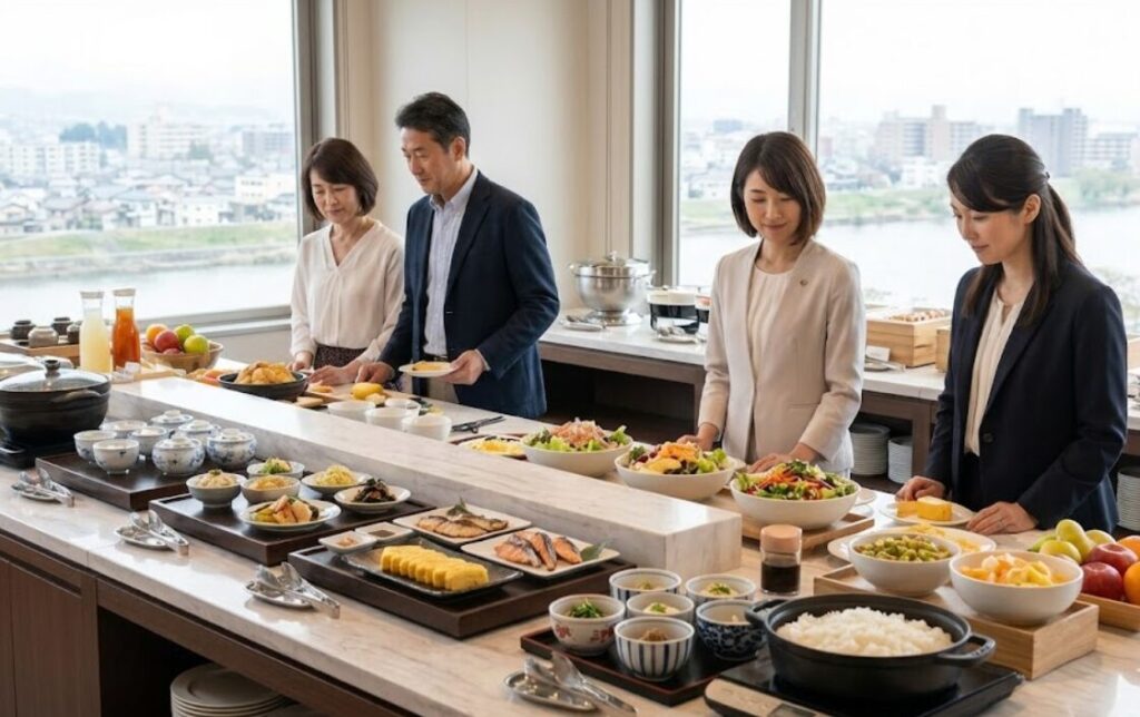 長岡のシティホテルで朝食バイキングを楽しむ日本人のビジネス客とご夫婦。地元の食材を使った料理が並ぶカウンター越しに、長岡の街並みと信濃川が朝日に輝いている。